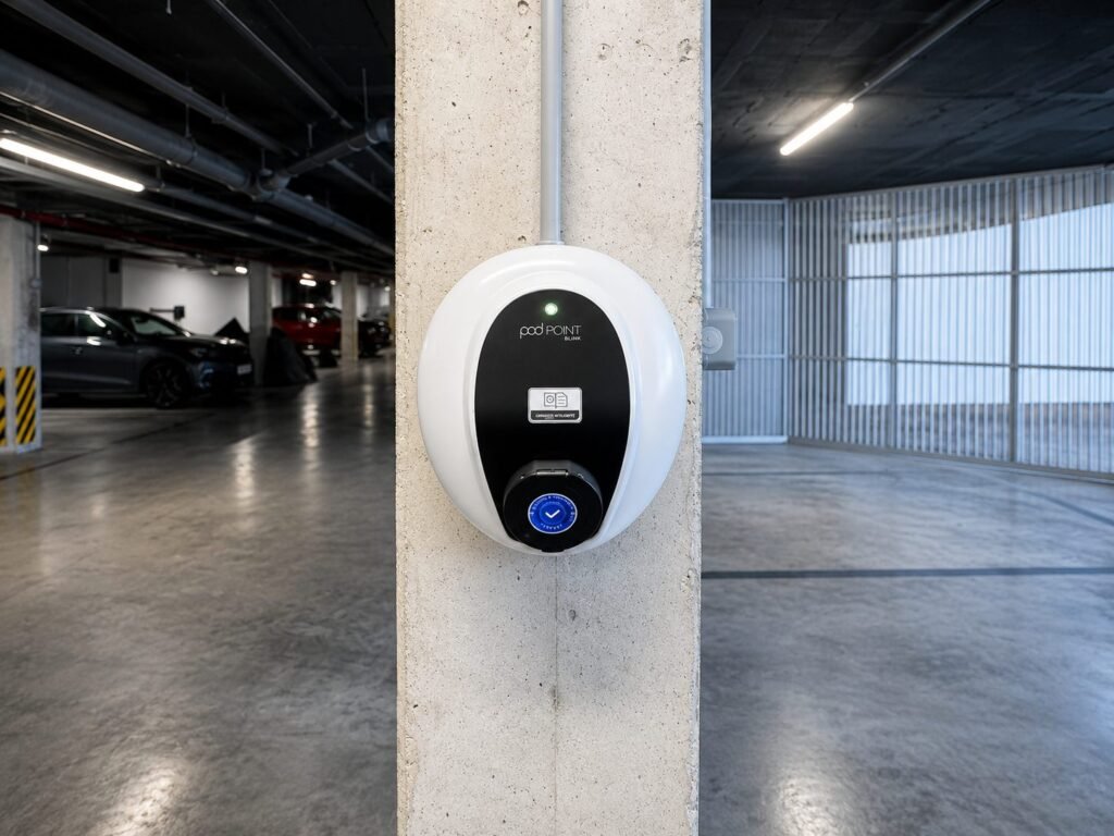 Punto de recarga en garaje comunitario instalado por Gamo Solar en Madrid