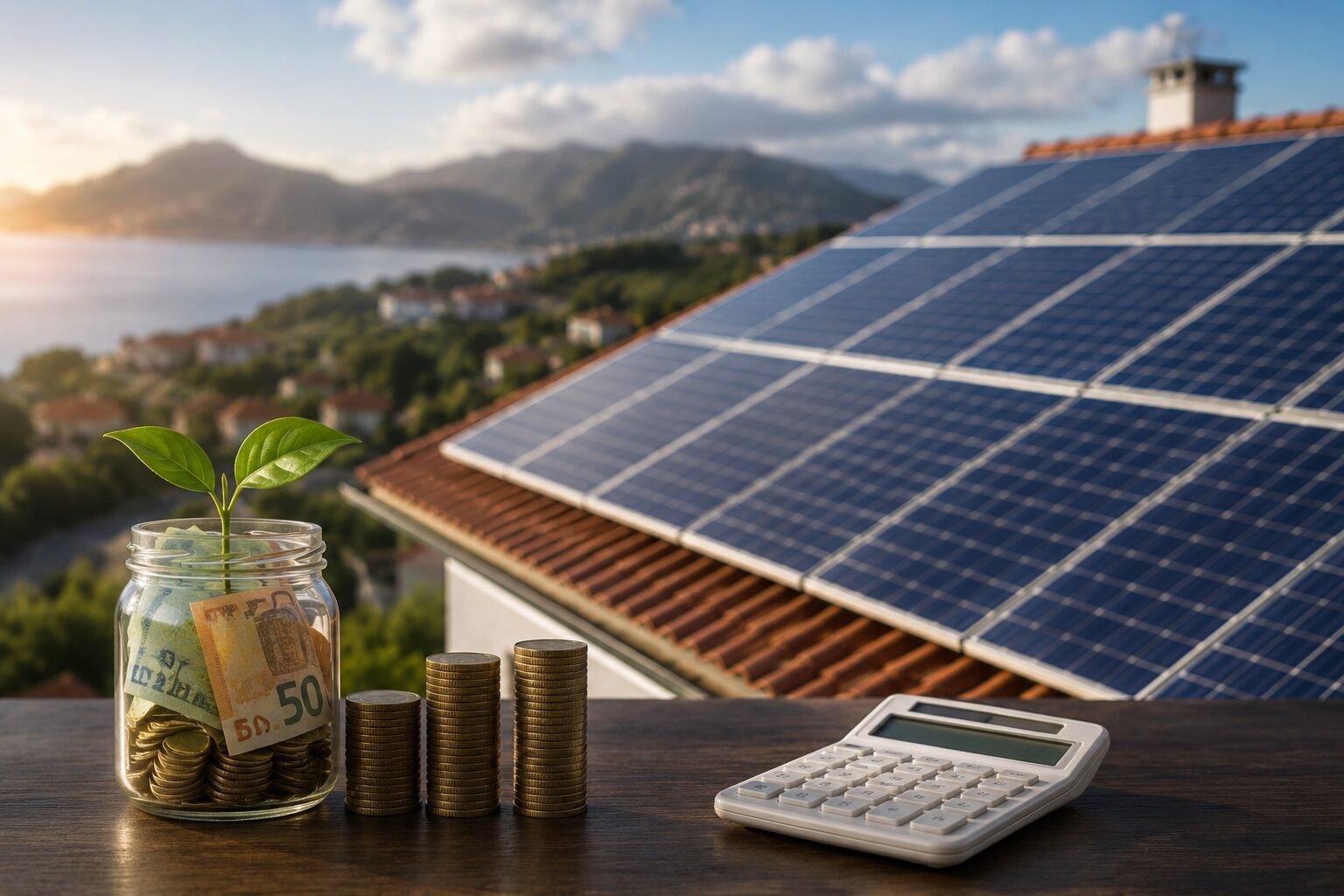Paneles fotovoltaicos en una cubierta junto a un bote de monedas y una calculadora