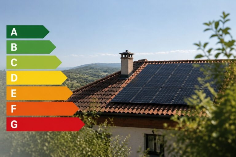 Etiqueta de eficiencia energética A a G junto a una vivienda con paneles fotovoltaicos en cubierta de teja