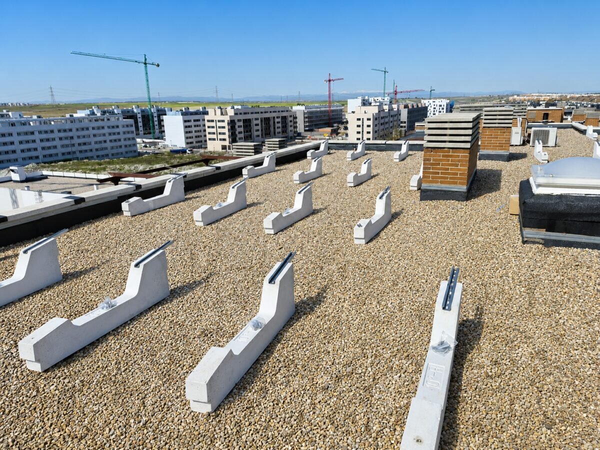 Estructura lastrada con bloques de hormigón para módulos fotovoltaicos sobre una cubierta plana