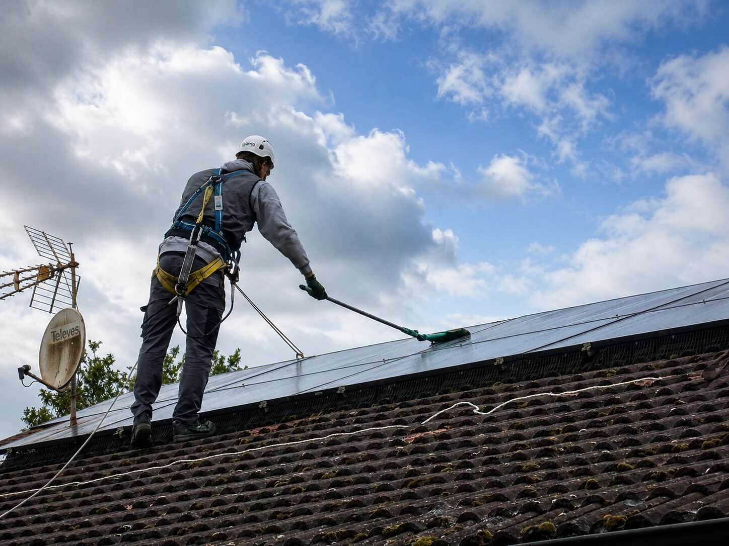 Técnico de Gamo Solar con casco y arnés realizando el mantenimiento de módulos fotovoltaicos en cubierta