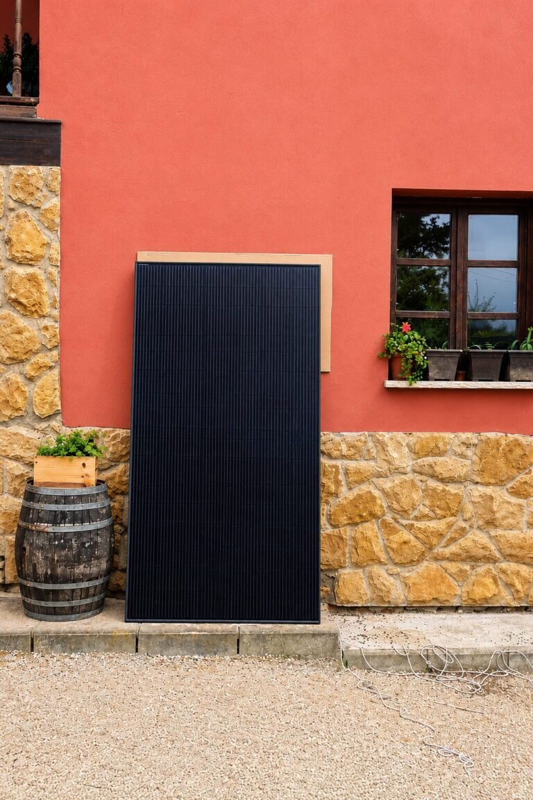 Panel fotovoltaico apoyado en la fachada de una vivienda rustica