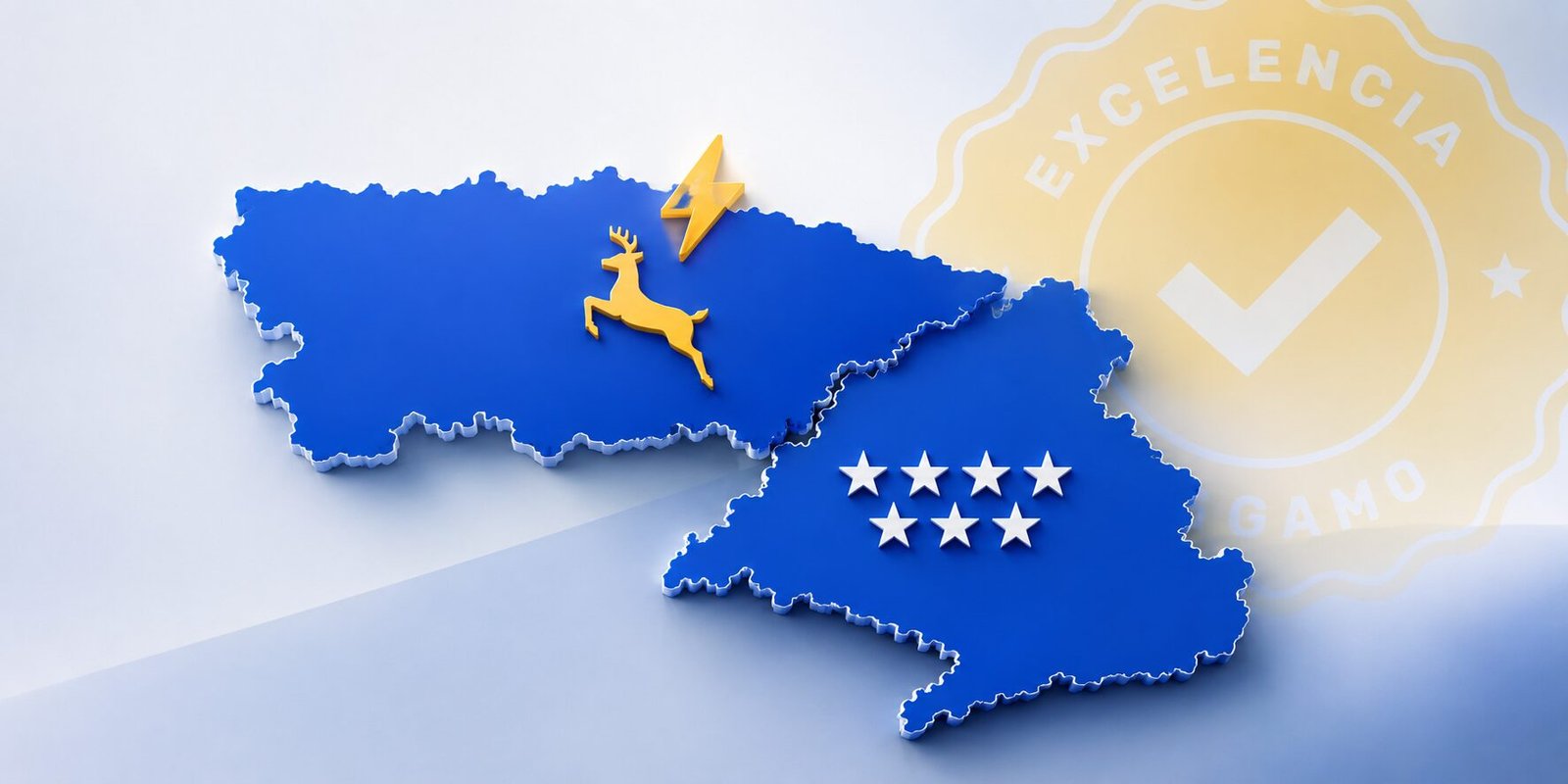 Mapa de Asturias y Madrid con el ciervo de Gamo Solar y el sello Excelencia Gamo