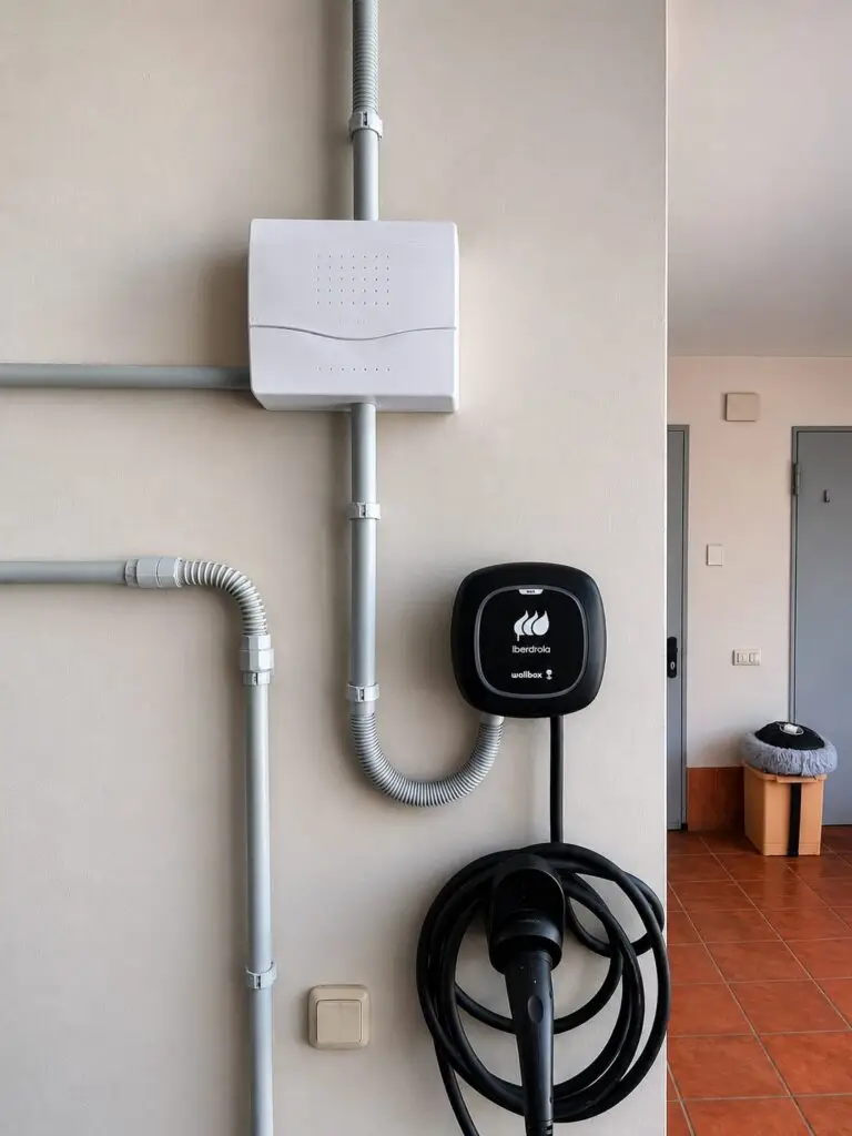 Punto de recarga Wallbox de 7,4 kW instalado por Gamo Solar en una vivienda unifamiliar de Avilés (Asturias), conectado al contador principal con modulación de cargas