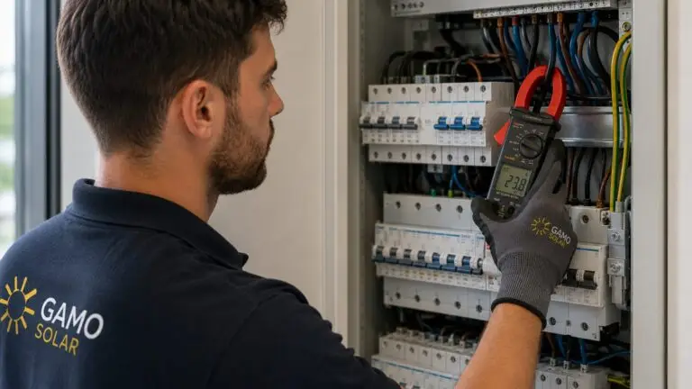 Electricista midiendo corrientes de fuga con pinza amperimétrica en un cuadro con diferenciales — Gamo Solar