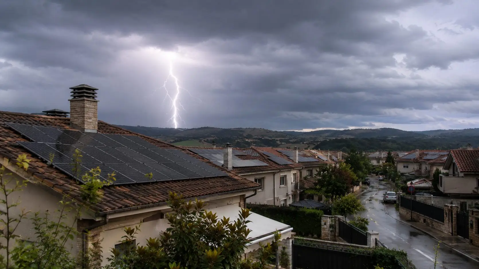 Tormenta eléctrica sobre viviendas con paneles fotovoltaicos: riesgo de sobretensiones — Gamo Solar