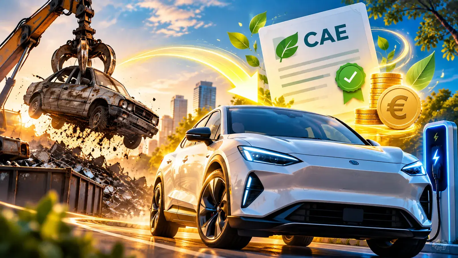 Un coche de combustión retirado al desguace y un coche eléctrico nuevo cargándose: el ahorro de energía de ese cambio puede generar CAE
